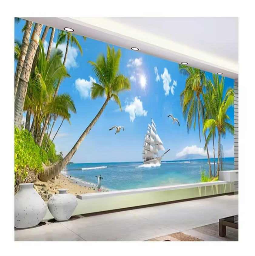 Custom Beach Coconut Tree Peel And Stick Wall Murals Home Decor Sandy Sea Island Landscape Photo Wall Painting Wallpapers