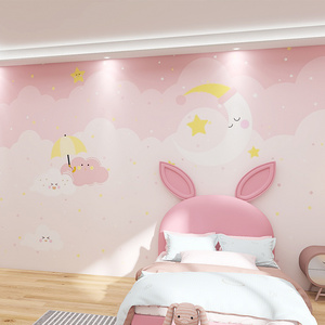 Cartoon Children's Room Pink Wallpaper Stickers Moon Stars Clouds Kindergarten Mother Baby Room Boys And Girls Bedroom Wallpaper