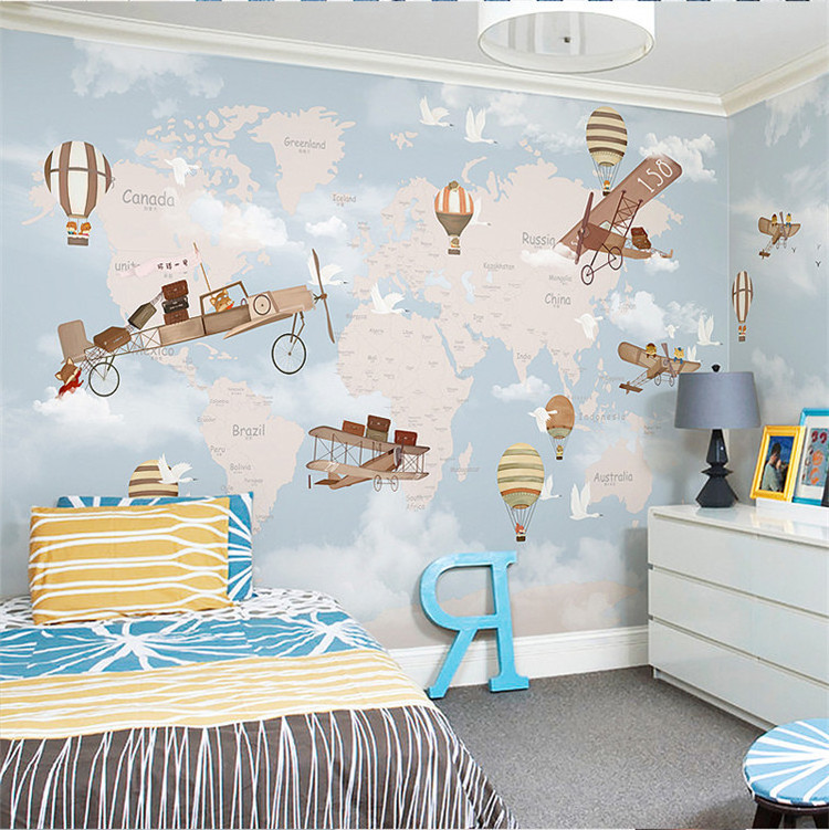 Children's Room Cartoon World Map Wallpaper Hot Air Balloon Airplane Background Wall Cloth Boys Girls Bedroom 3d Wallpaper