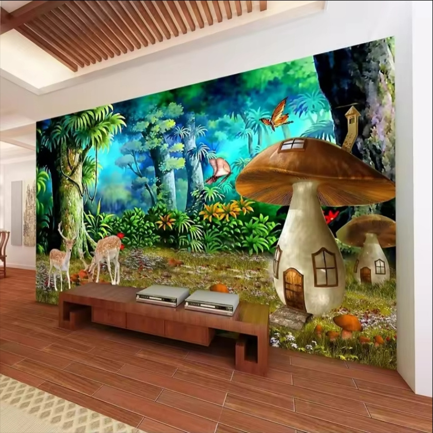 Custom kids wall murals photos Cartoon Forest Mushroom Deer Wall Paper For Kids Room Backdrop Decoration Papel De Parede