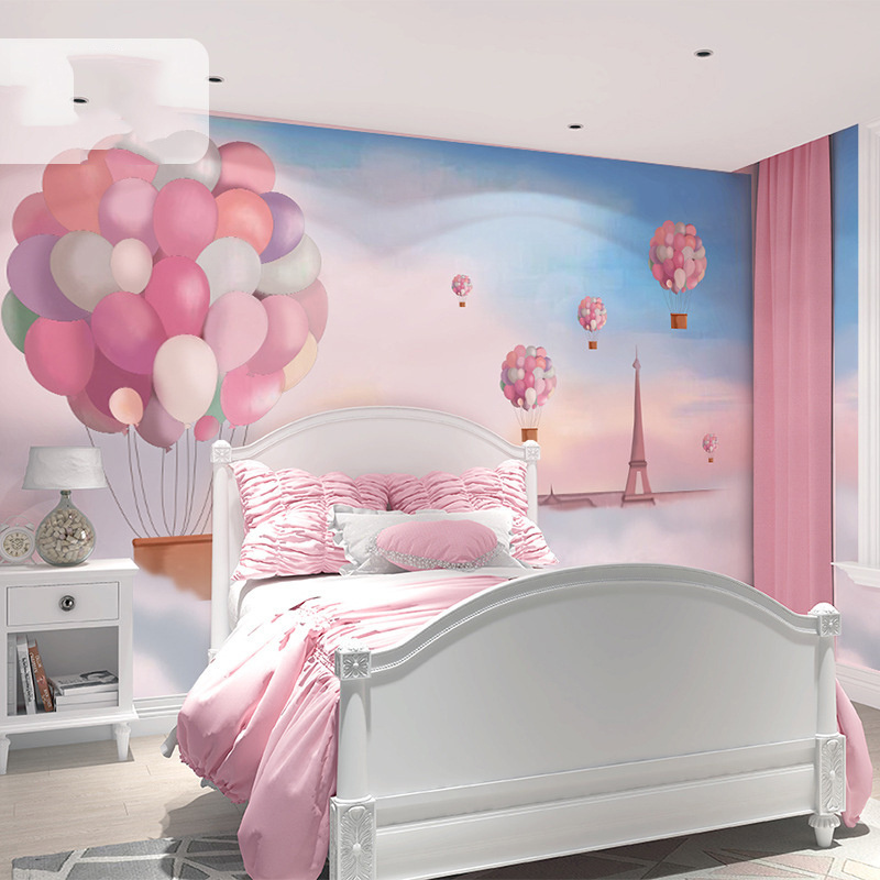 Children's Room Mediterranean Wallpaper Girl's Bedroom Warm Dreamy Princess Pink Wall Cartoon Hot Air Balloon Wall Wallpaper