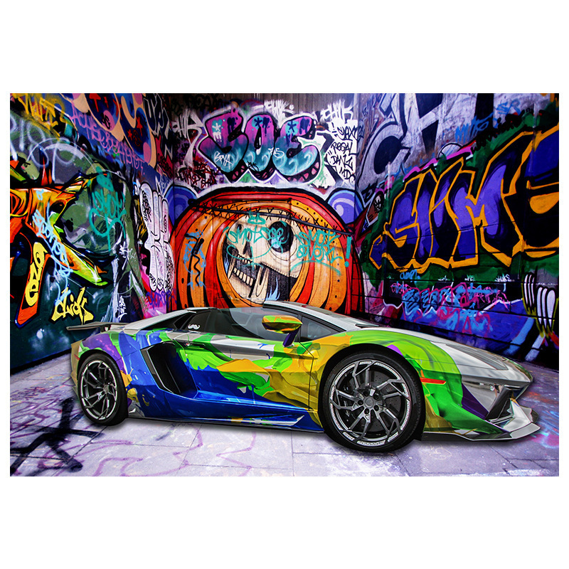 brick wall mural Wallpaper Creative Stereoscopic Space Car Skull Street Graffiti Art Restaurant Background Wall Painting