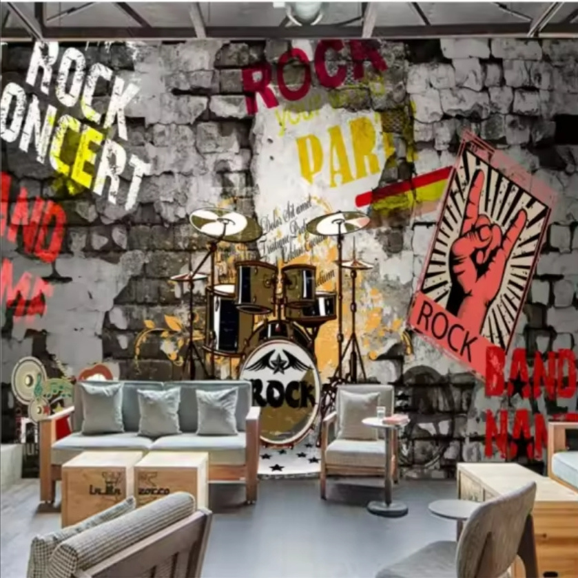 Retro Fashion Brick Wall Mural Rock Bar KTV Industrial Decor Background Wall Paper 3D Rock Music Club Mural Wallpaper