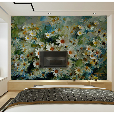 Living Room Mural Daisy Tv Background Wallpaper French Retro Wallpaper Art Oil Painting Flowers Pastoral Style Wall Covering