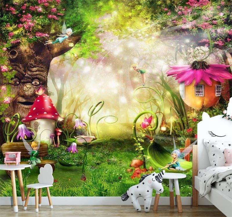 3D Fantasy Forest Cartoon Fairy Tale Wall Cloth Children's Park Mushroom House Decoration Wallpaper Hotel Bedroom Mural