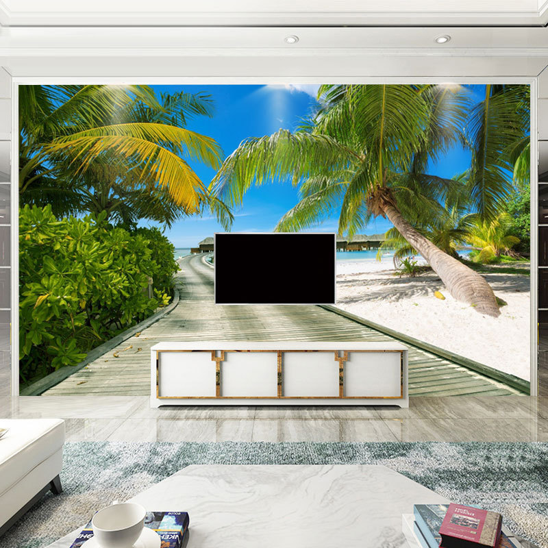 Sea View Beach Tv Background Wall Cloth Hotel Blue Sky White Clouds Landscape Mural Wallpaper Ocean Wallpaper