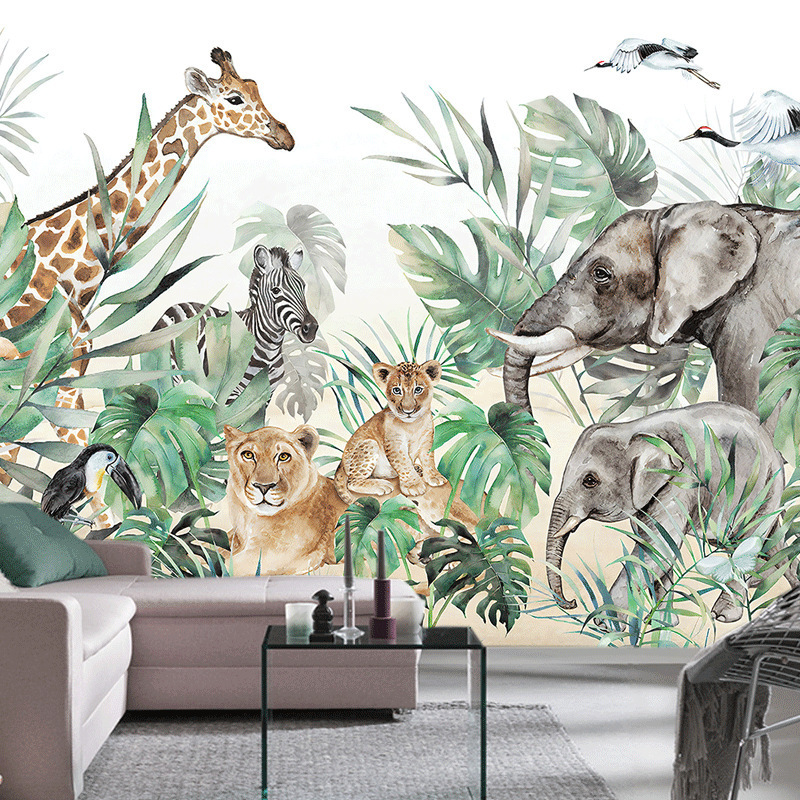 Nordic Giraffe Zebra Lion Elephant Animal Banana Leaf Wallpaper Tropical Rainforest Forest Green Plants Restaurant Wall Covering