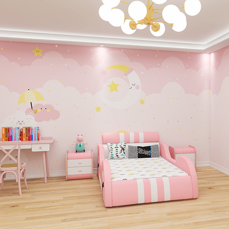 Cartoon Children's Room Pink Wallpaper Stickers Moon Stars Clouds Kindergarten Mother Baby Room Boys And Girls Bedroom Wallpaper