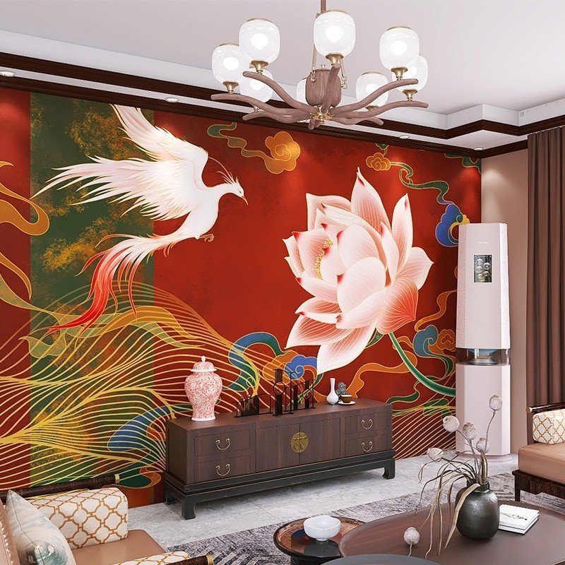 Mural Wallpaper Flying Divine Bird Phoenix Dragon Phoenix Script Killer Shop Background Wall Cloth Classical  Lotus Wallpaper