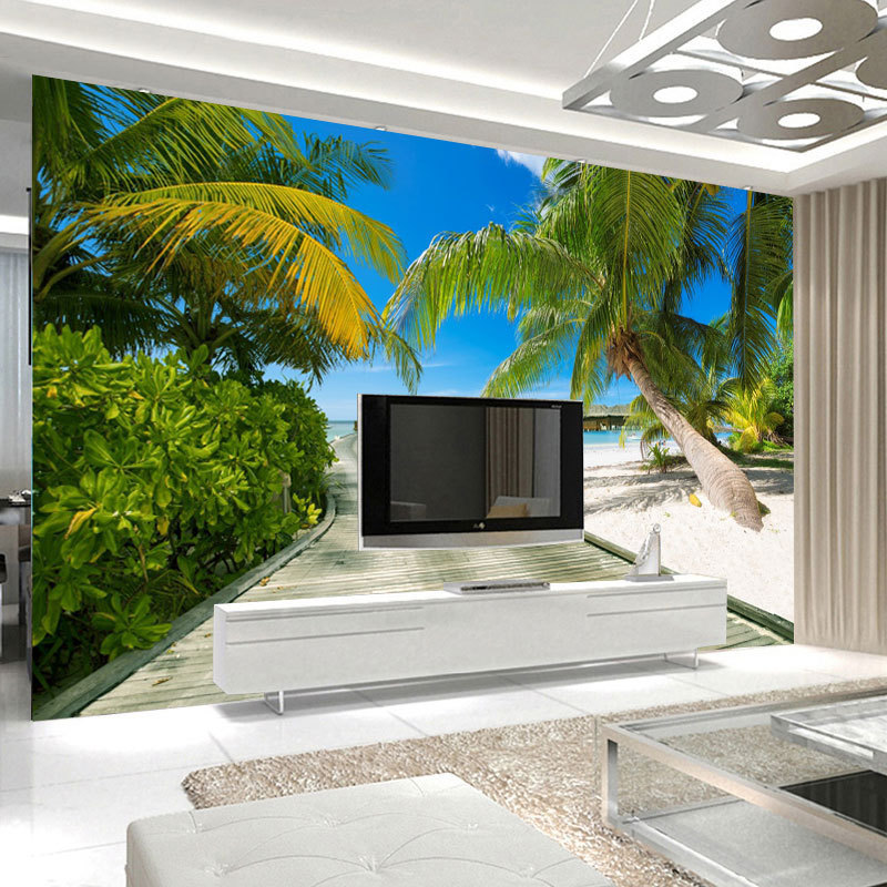 Sea View Beach Tv Background Wall Cloth Hotel Blue Sky White Clouds Landscape Mural Wallpaper Ocean Wallpaper