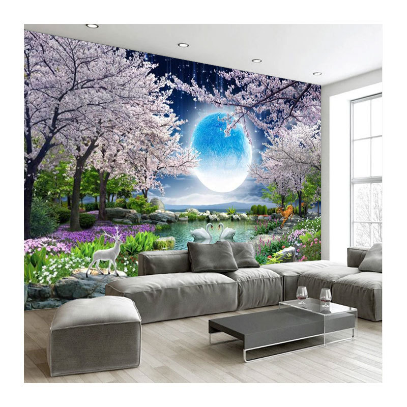 3D Mural Tv Background Living Room Sofa Wall Cloth Seamless Pastoral Cherry Blossom 8D Night Scene Bedroom Scenery Wallpaper