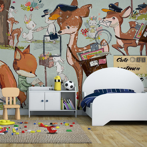 Girl Deer Cartoon Wall Cloth Children's Room Background Wall Boy Little Fox Wallpaper Bedroom Cute Mural