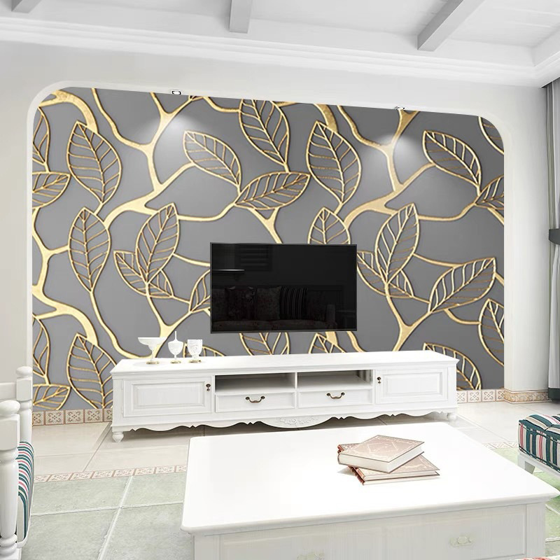 Geometric abstract 3D effect wallpaper with gold gray irregular pattern mural