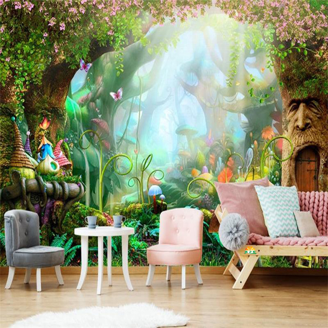 3D Fantasy Forest Cartoon Fairy Tale Wall Cloth Children's Park Mushroom House Decoration Wallpaper Hotel Bedroom Mural