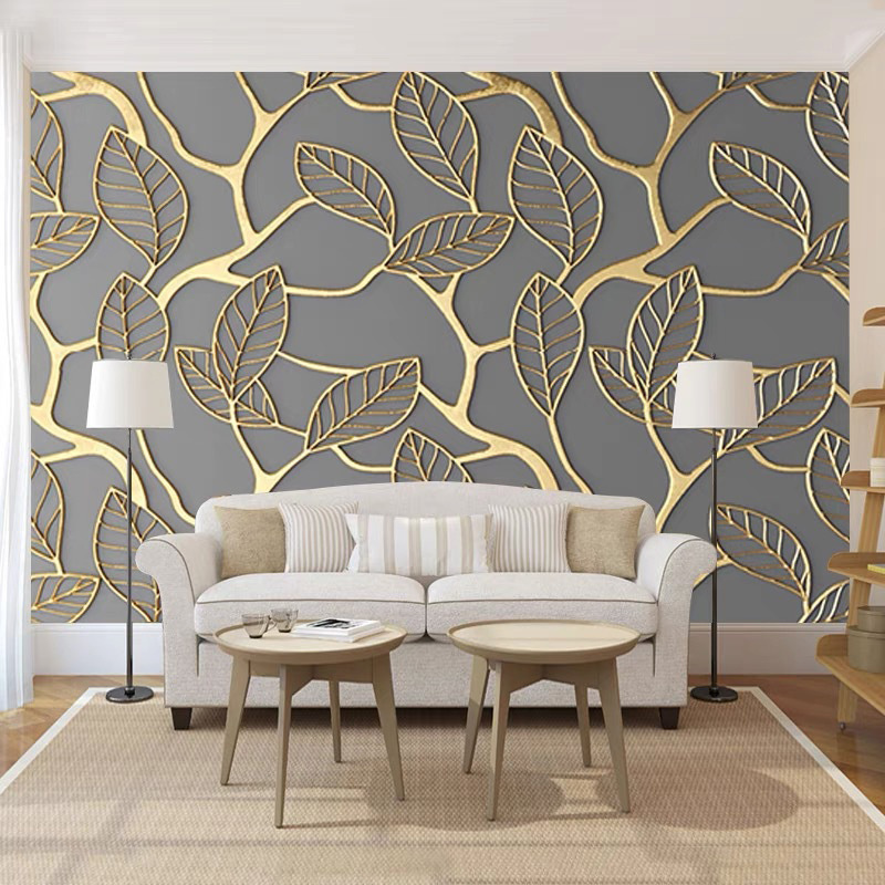 Geometric abstract 3D effect wallpaper with gold gray irregular pattern mural