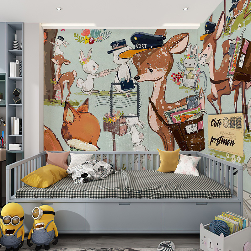 Girl Deer Cartoon Wall Cloth Children's Room Background Wall Boy Little Fox Wallpaper Bedroom Cute Mural