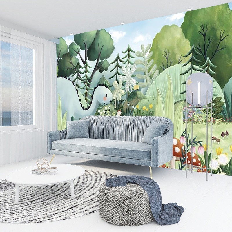 Dinosaur Wallpaper Cartoon Fairy Tale Forest Bedroom Wall Covering Plant Mural Warm Children's Room Modern Wallpaper