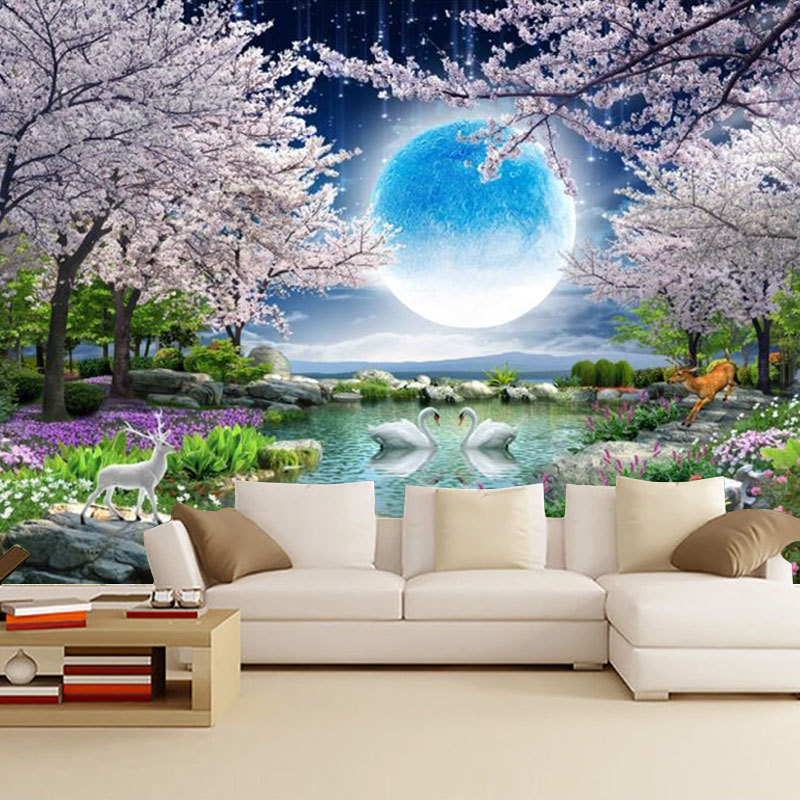 Custom Wall Paper Moon Cherry Blossom Tree Nature Landscape Wall Mural Living Room Bedroom Wallpaper Home Decor