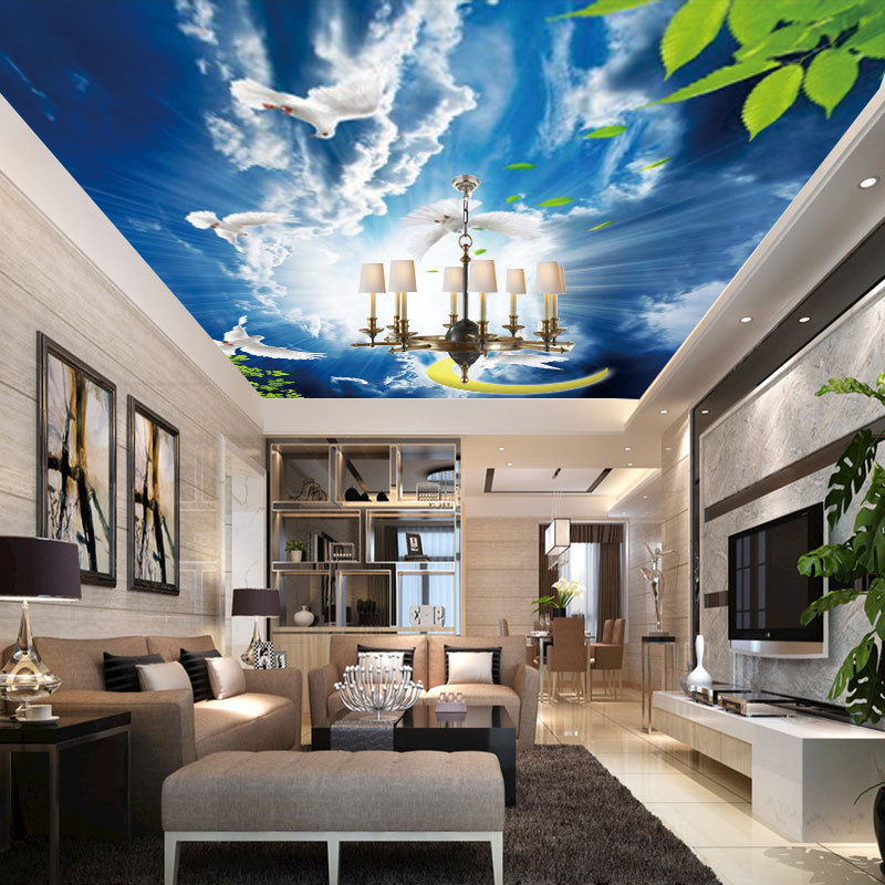 Simple Blue Sky White Clouds Wallpaper Cherry Blossoms Dove Bedroom Ceiling Wallpaper Wall Painting Ceiling Wallpaper Covering