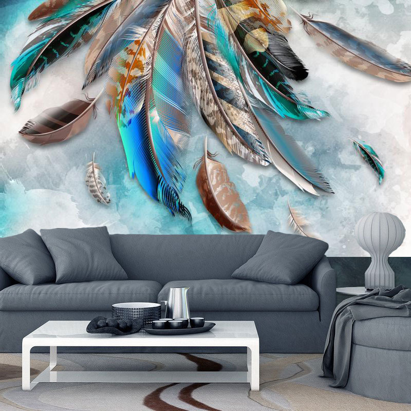 Modern Fashion Light Luxury Hand Painted 3D Mural Golden Blue Feather Geometric Peel And Stick Wall Mural Wallpaper