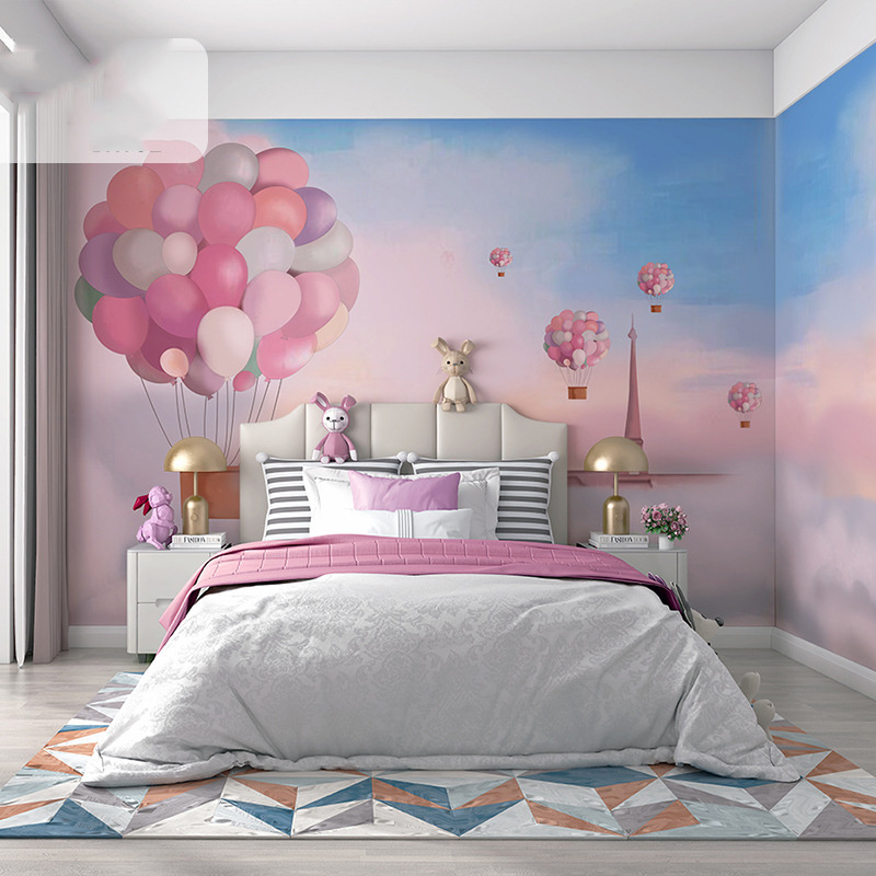 Children's Room Mediterranean Wallpaper Girl's Bedroom Warm Dreamy Princess Pink Wall Cartoon Hot Air Balloon Wall Wallpaper