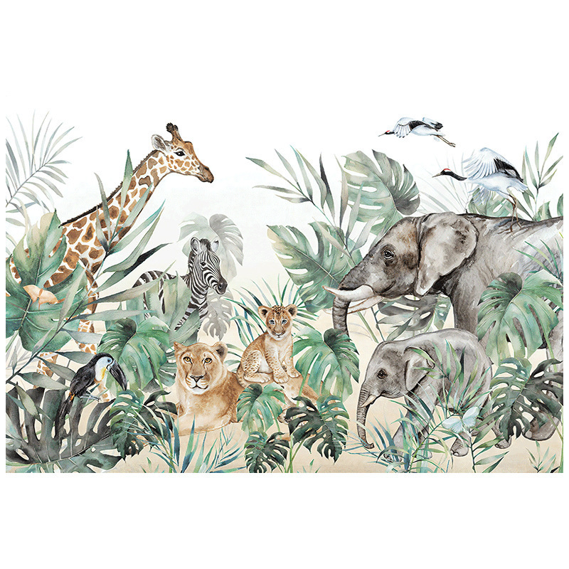 Nordic Giraffe Zebra Lion Elephant Animal Banana Leaf Wallpaper Tropical Rainforest Forest Green Plants Restaurant Wall Covering