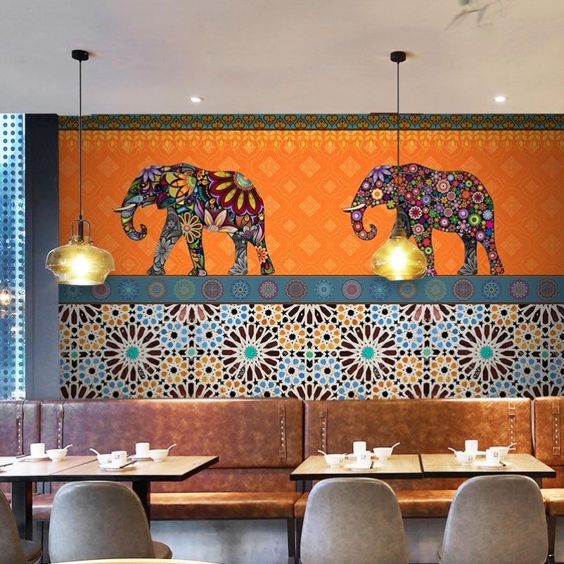 Thai Style Elephant Mural Southeast Asia Indian Zen Retro Spa Shop Wallpaper Thai Restaurant Decoration Wallpaper