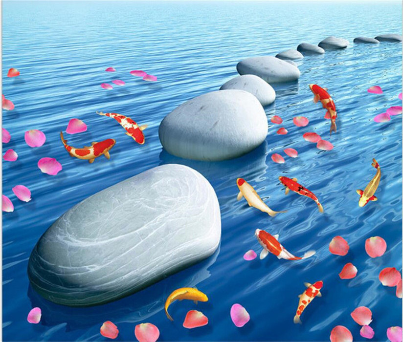 3D Pvc Non-Slip Floor Stickers Stone Falling Flowers Flowing Water Carp 3D Floor Stickers