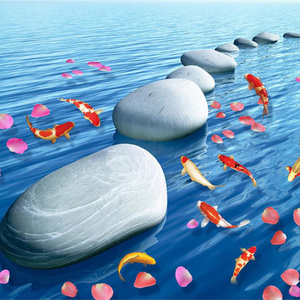 3D Pvc Non-Slip Floor Stickers Stone Falling Flowers Flowing Water Carp 3D Floor Stickers