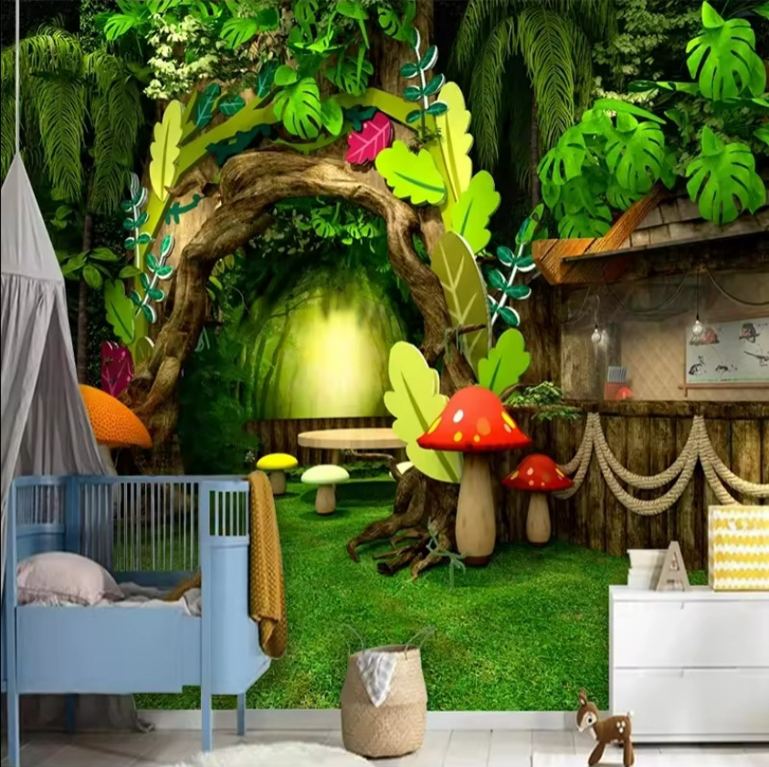 Custom Mural Cartoon Tree Mushroom Hole 3D Wall Murals for Kids Room Bedroom Background Wallpaper