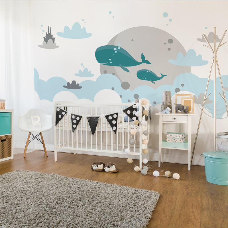 Warm Cartoon Whale Children's Room Wall Cloth Early Education Center Seamless Wall Cloth Boy Background Wallpaper