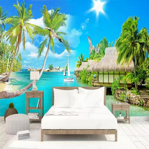 Modern Simple 3D Peel And Stick Wallpaper Coconut Tree Sea Landscape Murals Living Room TV Sofa Dining Room Wall Murals