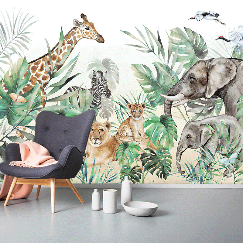 Nordic Giraffe Zebra Lion Elephant Animal Banana Leaf Wallpaper Tropical Rainforest Forest Green Plants Restaurant Wall Covering