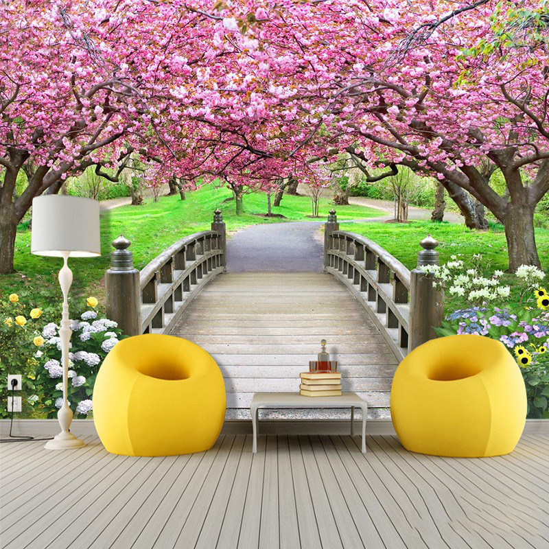 3d Landscape Wallpaper Living Room Sofa Tv Background Wallpaper Cherry Blossom Forest Pastoral Film And Television Wall Mural