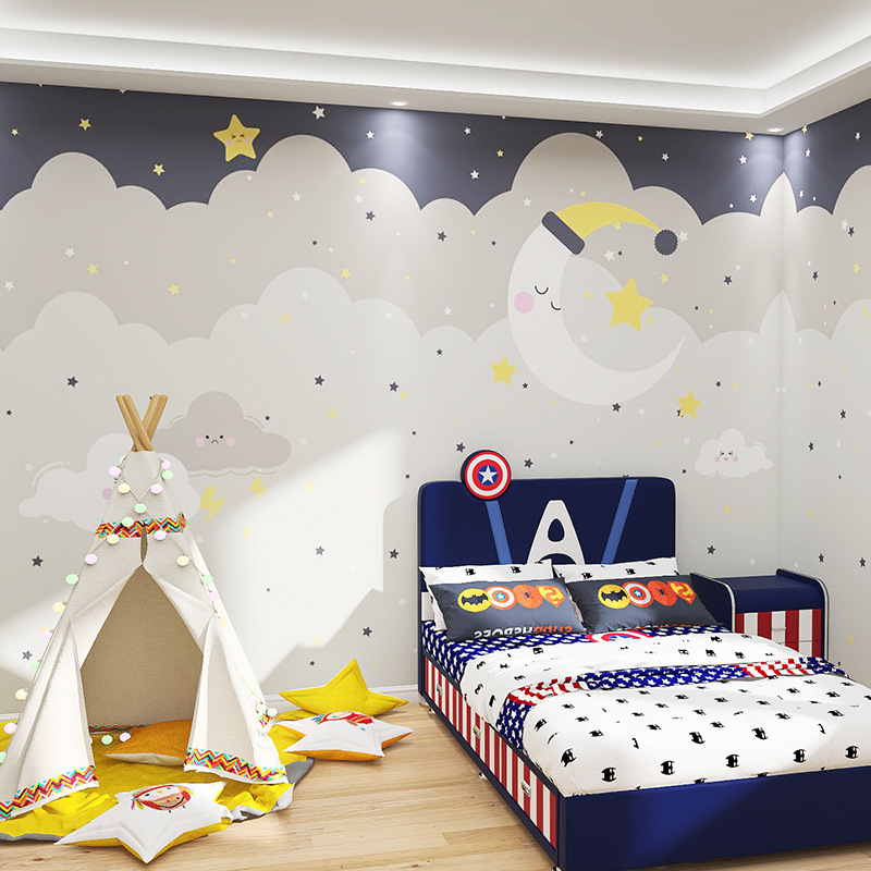 Cartoon Children's Room Pink Wallpaper Stickers Moon Stars Clouds Kindergarten Mother Baby Room Boys And Girls Bedroom Wallpaper