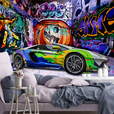 brick wall mural Wallpaper Creative Stereoscopic Space Car Skull Street Graffiti Art Restaurant Background Wall Painting