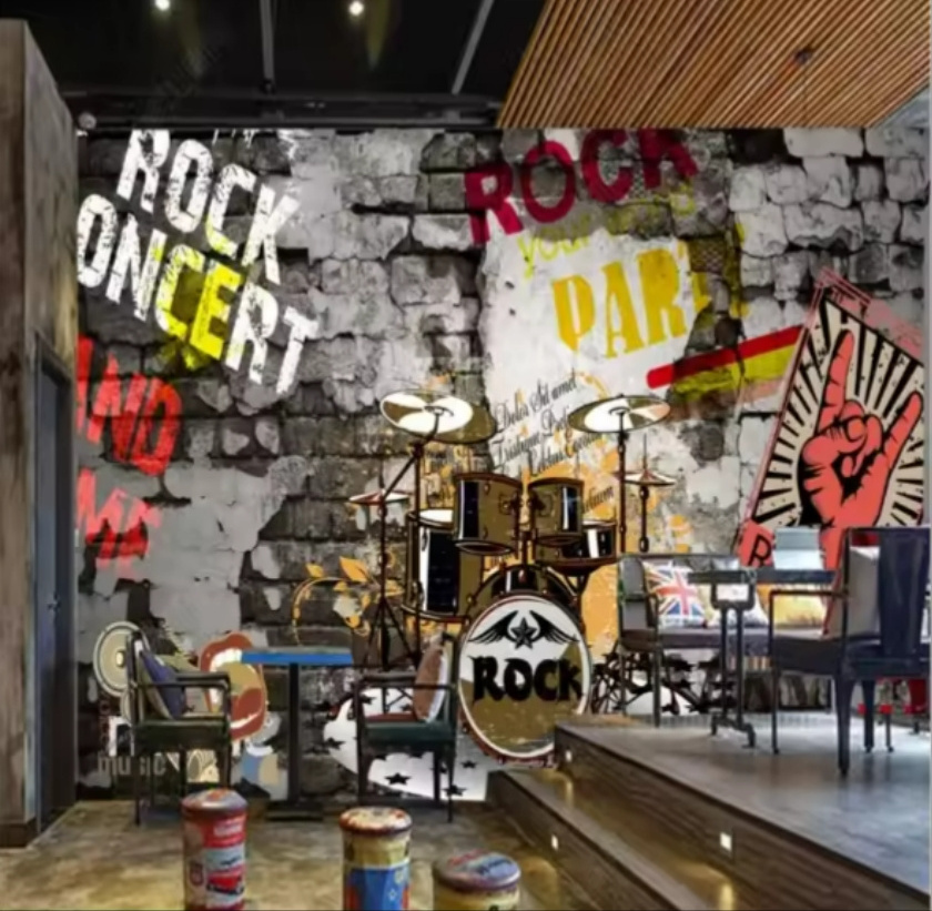 Retro Fashion Brick Wall Mural Rock Bar KTV Industrial Decor Background Wall Paper 3D Rock Music Club Mural Wallpaper