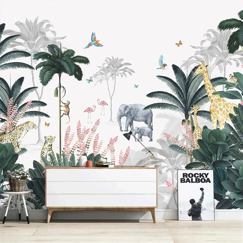 Simple Hand-Painted Pastoral Romantic Cherry Blossoms Elephants Green Plants Nature Living Room Tv Background Wallpaper