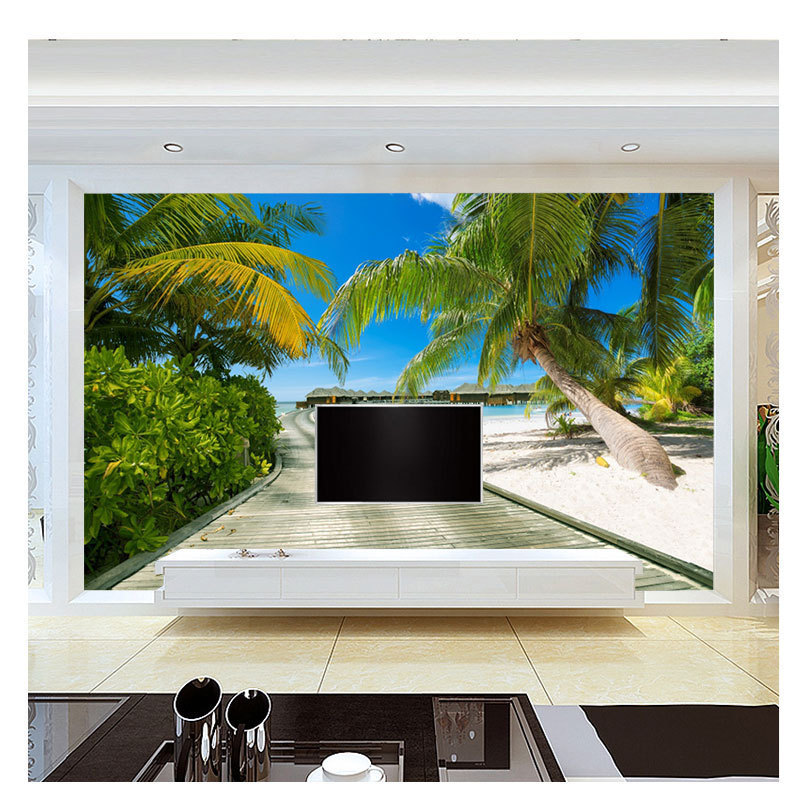 Sea View Beach Tv Background Wall Cloth Hotel Blue Sky White Clouds Landscape Mural Wallpaper Ocean Wallpaper