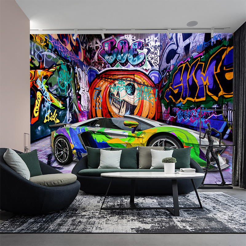 brick wall mural Wallpaper Creative Stereoscopic Space Car Skull Street Graffiti Art Restaurant Background Wall Painting