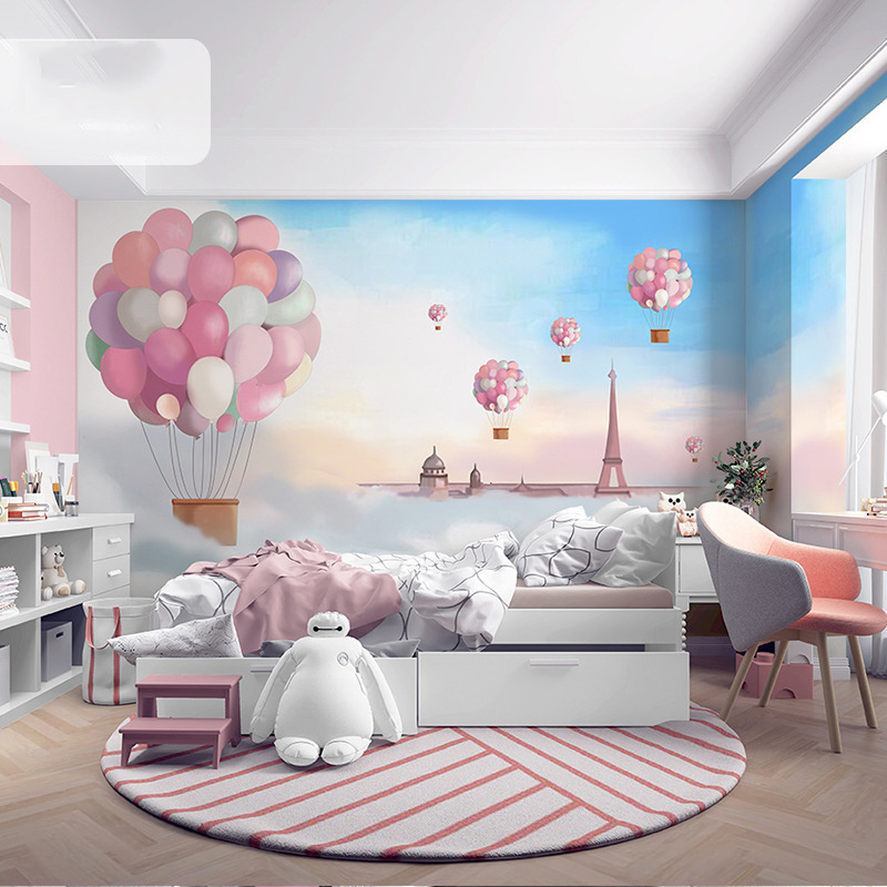 Children's Room Mediterranean Wallpaper Girl's Bedroom Warm Dreamy Princess Pink Wall Cartoon Hot Air Balloon Wall Wallpaper