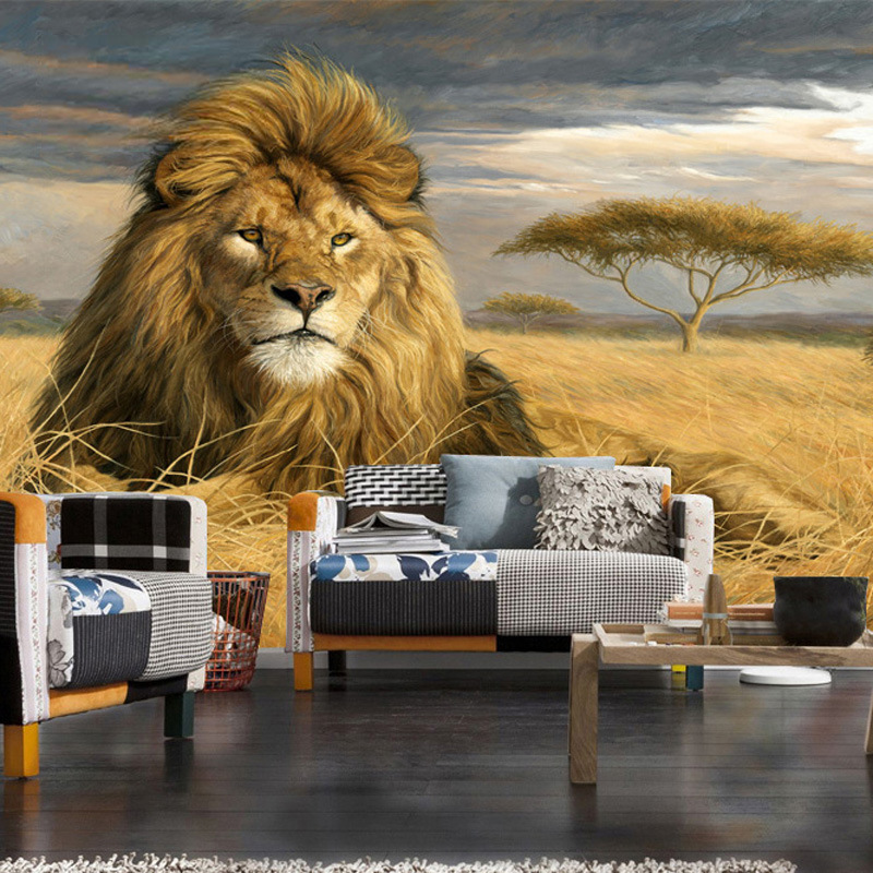 Grassland Male Lion Wallpaper Tiger Leopard Decorative Mural Non-Mainstream Bedroom Bedside Sofa Background Wallpaper