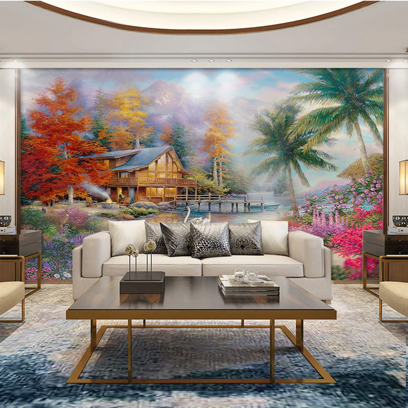 Custom Modern Luxury Fabric PVC Sticker 3D 5D Ceiling Kids Living Room Home Decoration Pink Floral Mural Wallpaper