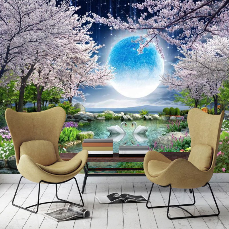 3D Mural Tv Background Living Room Sofa Wall Cloth Seamless Pastoral Cherry Blossom 8D Night Scene Bedroom Scenery Wallpaper