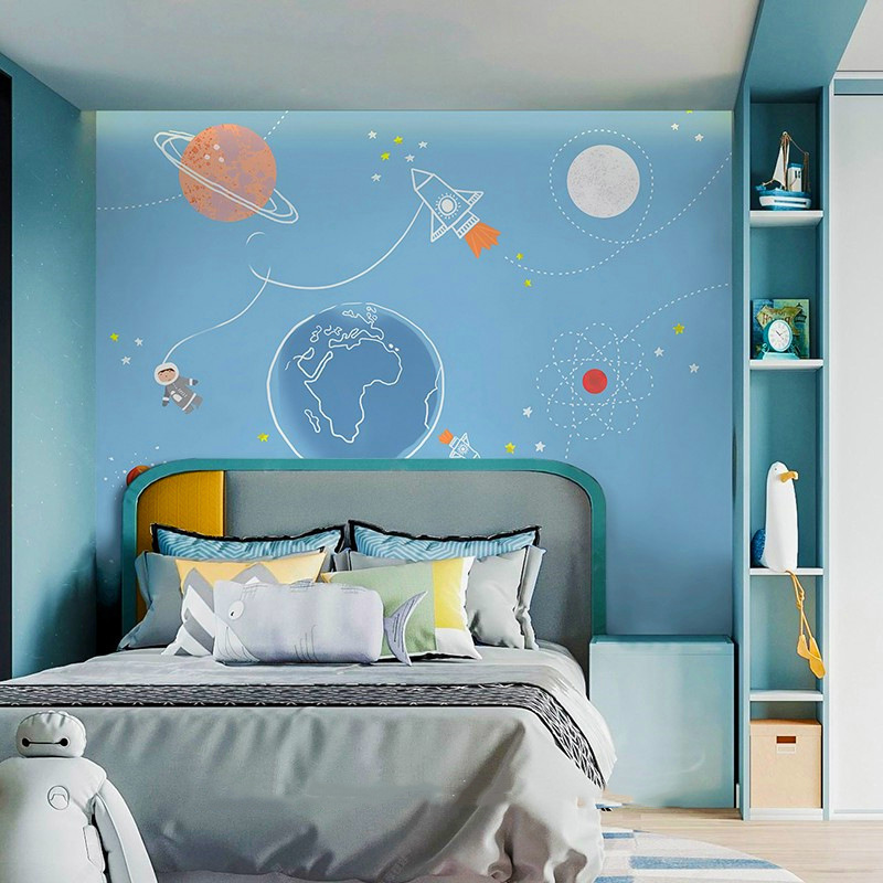 Cartoon Space Planet Wall Covering Hand Drawn Graffiti Children's Room Wallpaper Boy Girl Bedroom Nursery Background Mural