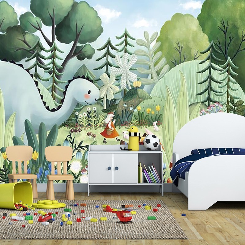 Dinosaur Wallpaper Cartoon Fairy Tale Forest Bedroom Wall Covering Plant Mural Warm Children's Room Modern Wallpaper