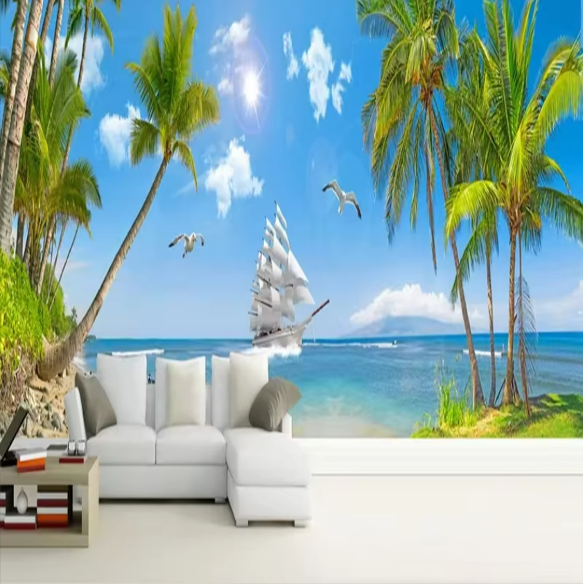 Custom Beach Coconut Tree Peel And Stick Wall Murals Home Decor Sandy Sea Island Landscape Photo Wall Painting Wallpapers