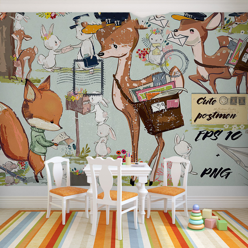 Girl Deer Cartoon Wall Cloth Children's Room Background Wall Boy Little Fox Wallpaper Bedroom Cute Mural