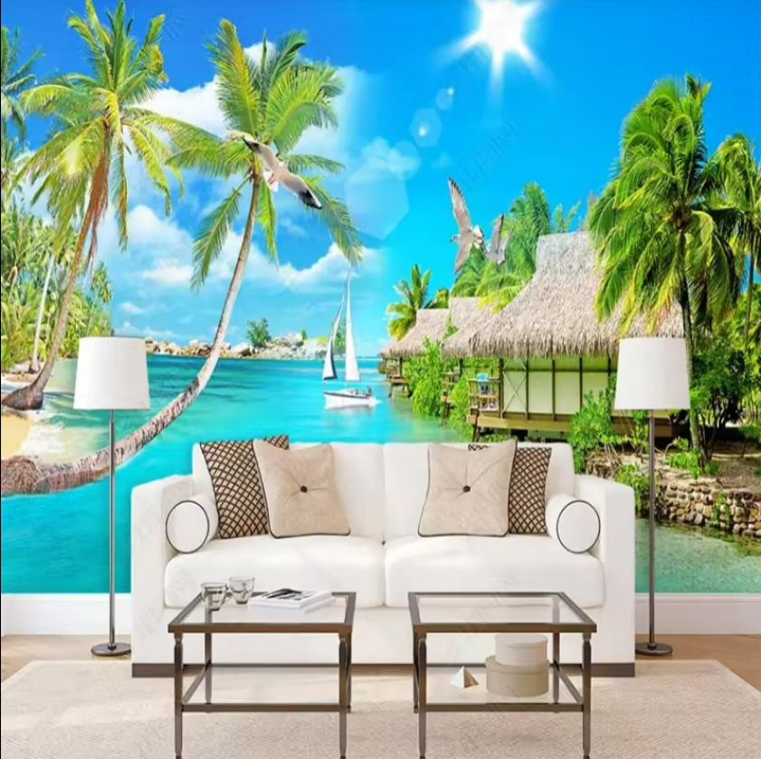 Modern Simple 3D Peel And Stick Wallpaper Coconut Tree Sea Landscape Murals Living Room TV Sofa Dining Room Wall Murals