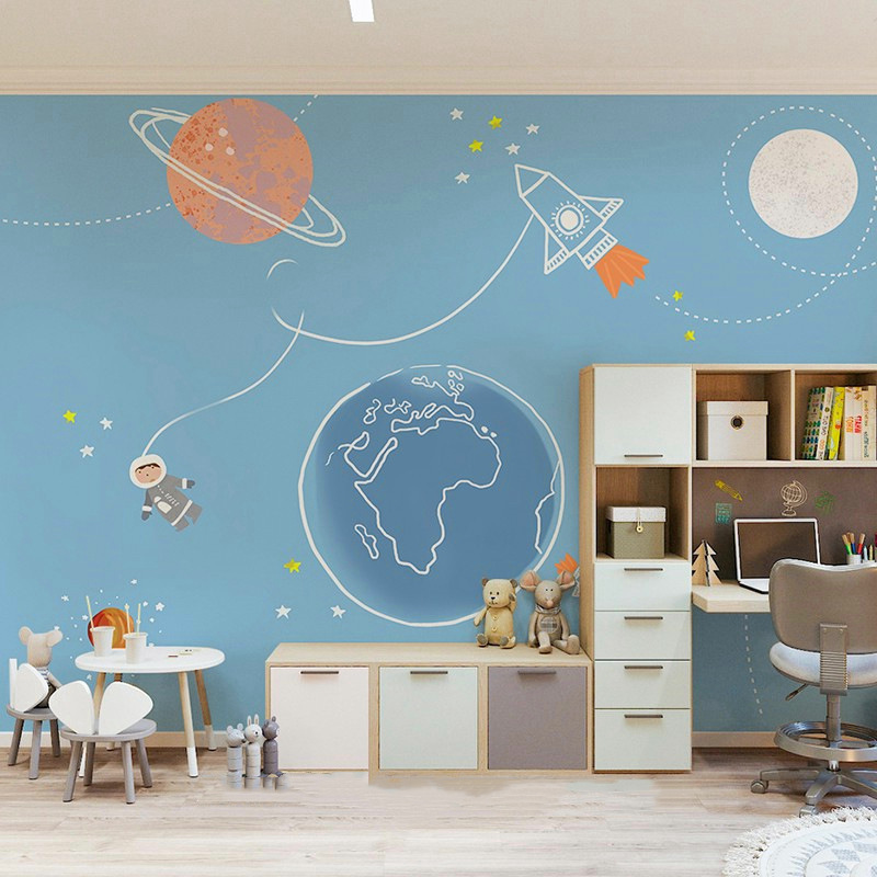 Cartoon Space Planet Wall Covering Hand Drawn Graffiti Children's Room Wallpaper Boy Girl Bedroom Nursery Background Mural